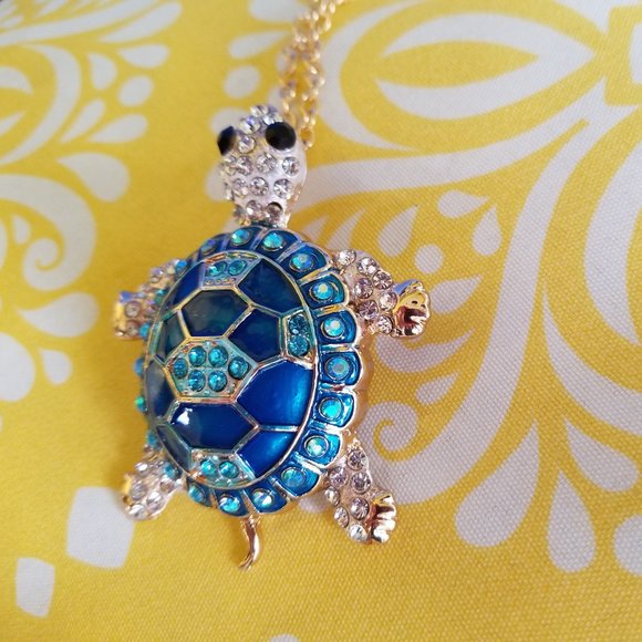 🐢Turtle Necklace Enamel & Stone Shell Blue Aqua  / brooch - NWOT🐢 - Picture 1 of 8